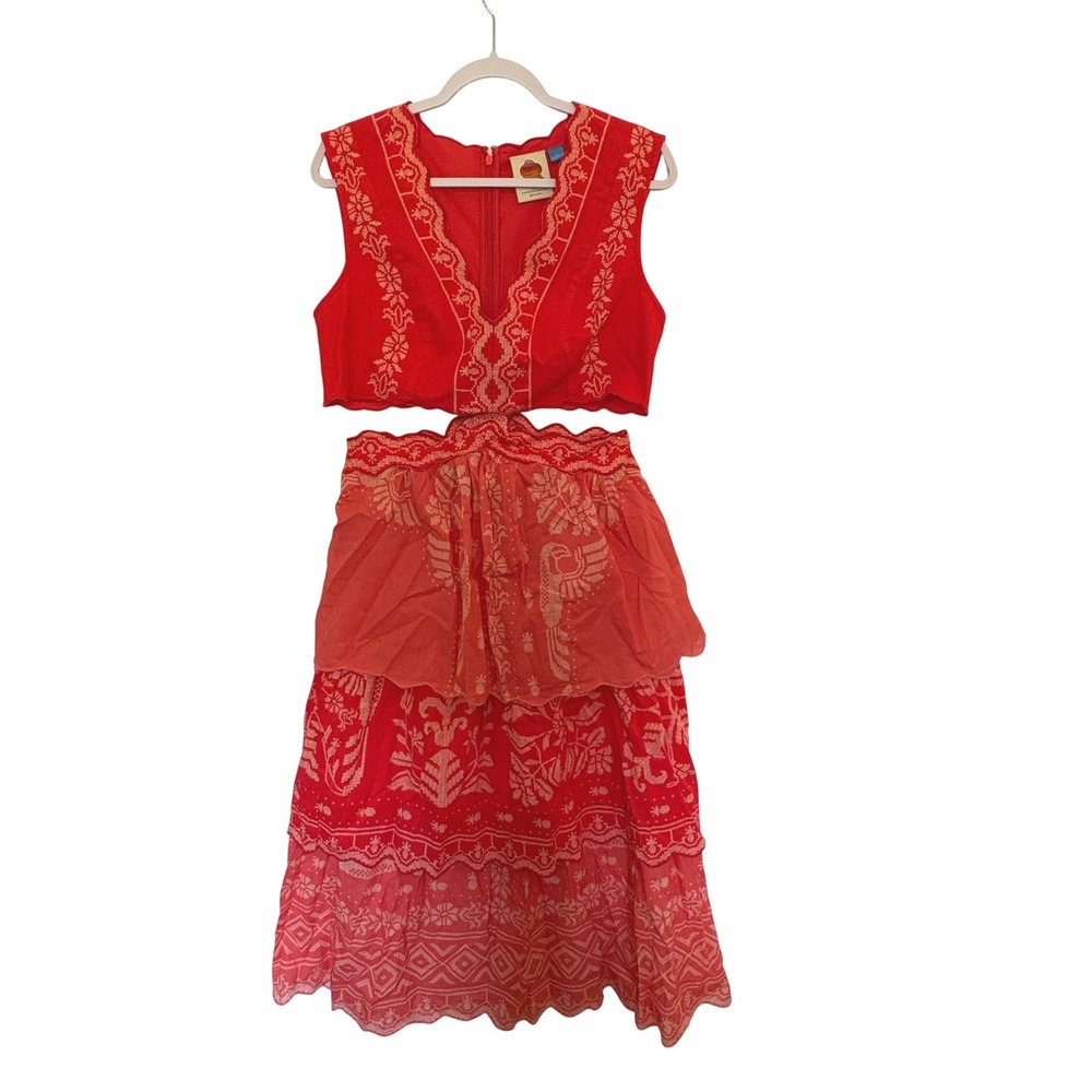 Farm Rio Anthropologie Eyelet Tier Midi Dress M Boho Summer Red Cottagecore EUC
